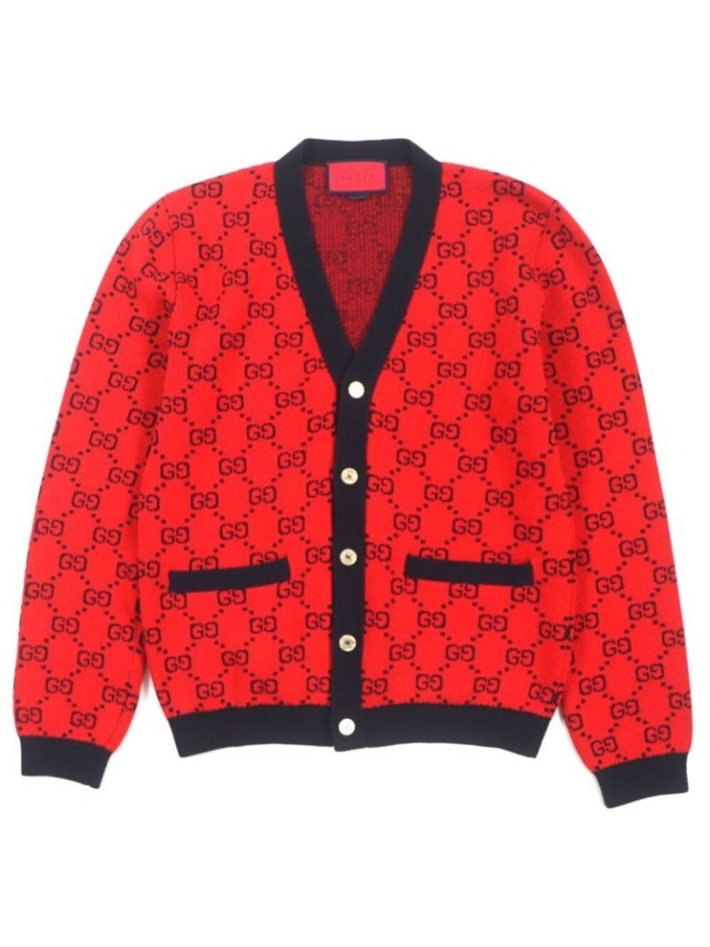 Gucci Wool GG Pattern V-neck Logo Button Knit Cardigan Red Black